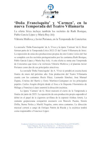 «Doña Francisquita» y «Carmen», en la nueva Temporada del Teatro Villamarta