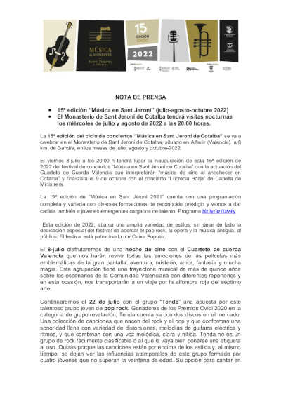 15ª edición “Música en Sant Jeroni” en el Monasterio de Sant Jeroni de Cotalba 15ª edición “Música en Sant Jeroni” en el Monasterio de Sant Jeroni de Cotalba