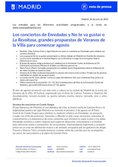Los conciertos de Enredadas y No te va gustar o La Revoltosa, grandes propuestas de Veranos de la Villa