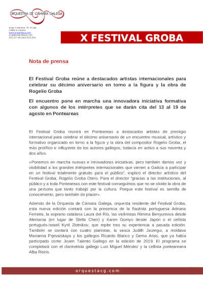 Décima edición del Festival Groba, encuentro musical, artístico y formativo de Galicia Décima edición del Festival Groba, encuentro musical, artístico y formativo de Galicia