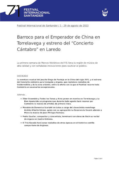 Barroco para el Emperador de China en Torrelavega y estreno del “Concierto Cántabro” en Laredo