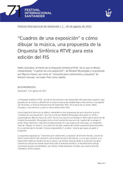 “Cuadros de una exposición” una propuesta de la Orquesta Sinfónica RTVE para esta edición del FIS