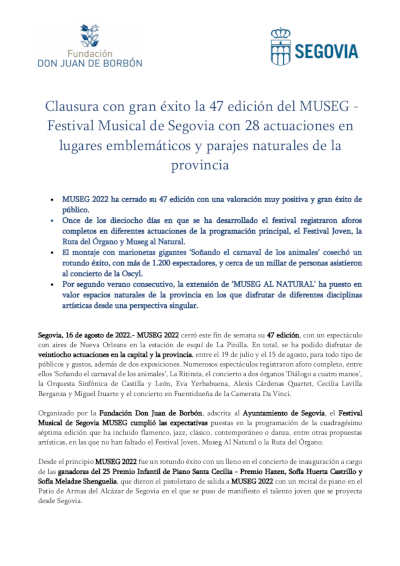 Clausura con gran éxito la 47 edición del MUSEG – Festival Musical de Segovia con 28 actuaciones