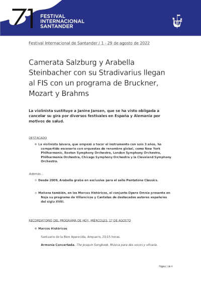 Camerata Salzburg y Arabella Steinbacher con su Stradivarius llegan al FIS con Bruckner, Mozart y Brahms