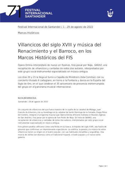 Villancicos del siglo XVIII y música del Renacimiento y el Barroco, en los Marcos Históricos del FIS