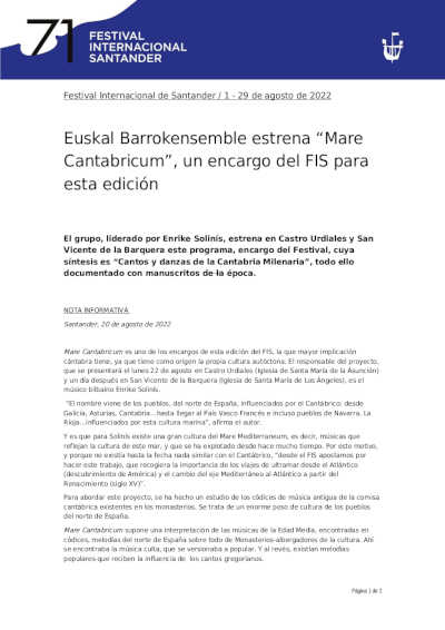 Euskal Barrokensemble estrena “Mare Cantabricum”, un encargo del FIS para esta edición