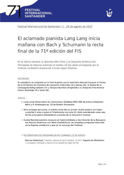El aclamado pianista Lang Lang inicia mañana con Bach y Schumann la recta final de la 71ª edición del FIS