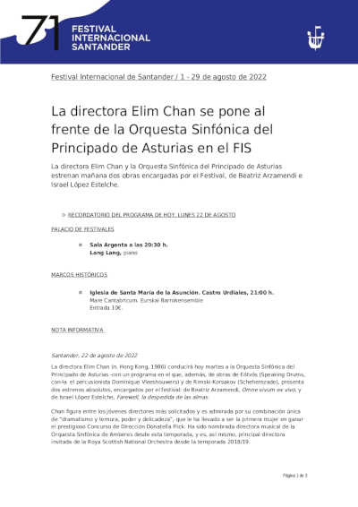 La directora Elim Chan se pone al frente de la Orquesta Sinfónica del Principado de Asturias en el FIS