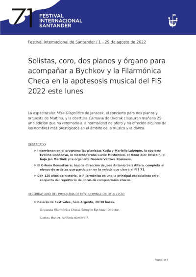 Solistas, coro, dos pianos y órgano para acompañar a Bychkov y la Filarmónica Checa finalizan el FIS 2022