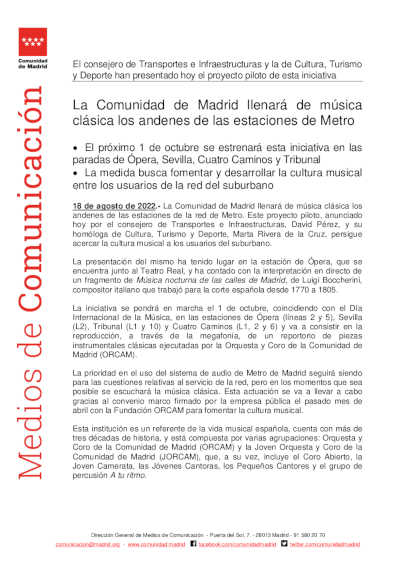 La Comunidad de Madrid llenará de música clásica los andenes de las estaciones de Metro