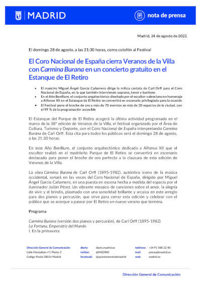 El Coro Nacional de España cierra Veranos de la Villa con Carmina Burana en el Estanque de El Retiro