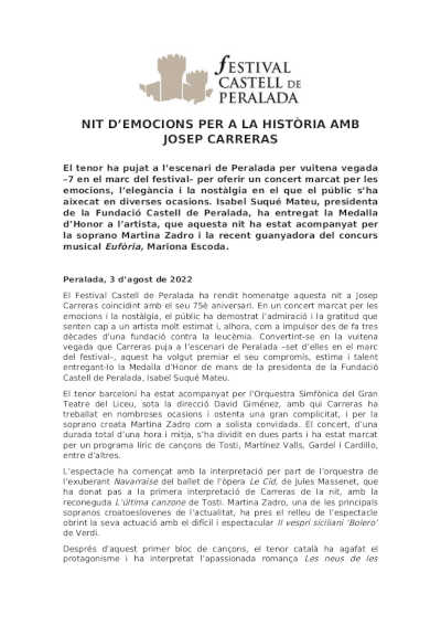 Noche de emociones para la historio con Josep Carreras en el Festival Castell de Perlada