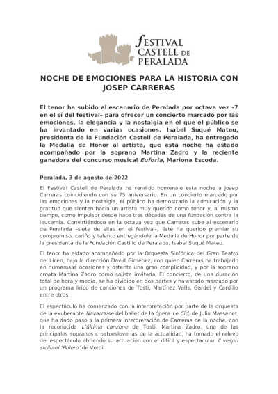 Noche de emociones para la historio con Josep Carreras en el Festival Castell de Perlada