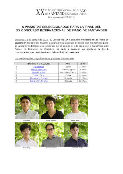 6 pianistas seleccionados para la final del XX Concurso Internacional de Piano de Santander
