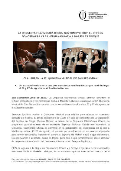 Orquesta y solistas de máximo prestigio clausuran la 83º edición de la Quincena Musical de San Sebastián