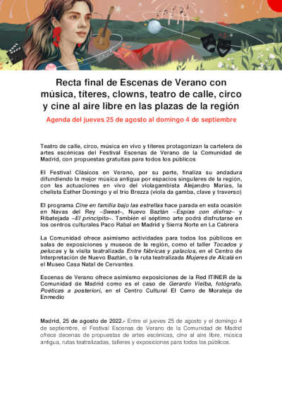 Recta final de Escenas de Verano con música, títeres, clowns, teatro de calle, circo y cine en las plazas de la región