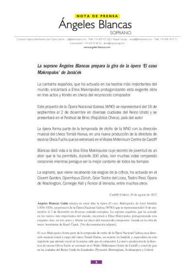 La soprano Ángeles Blancas prepara la gira de la ópera «El caso Makropulos» de Janáček