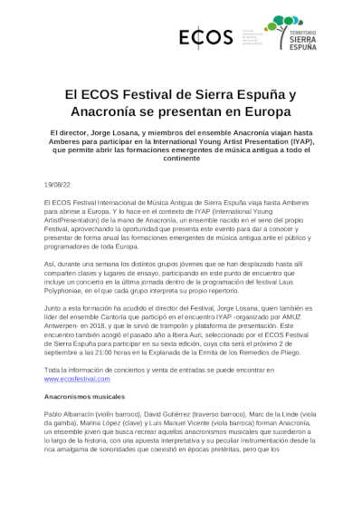 El ECOS Festival de Sierra Espuña y Anacronía se presentan en Europa