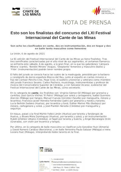 Estos son los finalistas del concurso del LXI Festival Internacional del Cante de las Minas