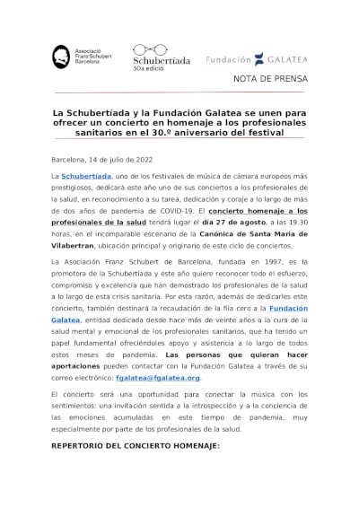 La Schubertíada y la Fundación Galatea se unen para ofrecer un concierto homenaje a los profesionales sanitarios