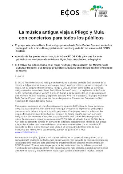 La música antigua viaja a Pliego y Mula con conciertos para todos los públicos