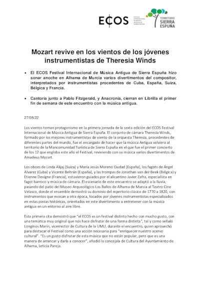 Mozart revive en los vientos de los jóvenes instrumentistas de Theresia Winds