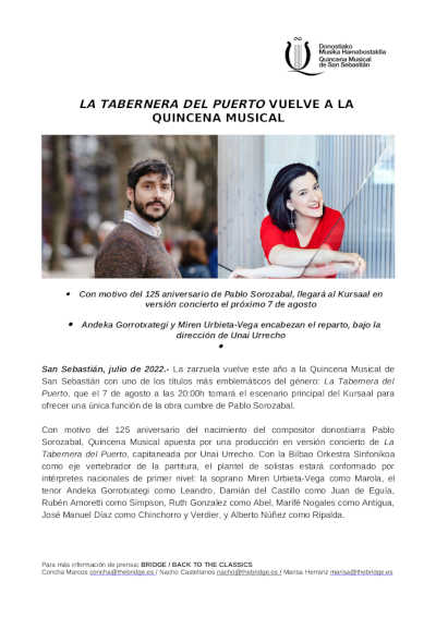 La «Tabernera del puerto» vuelve a la Quincena Musical de San Sebastián