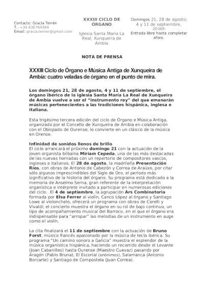 XXXIII Ciclo de Órgano e Música Antiga de Xunqueira de Ambía con cuatro veladas de órgano XXXIII Ciclo de Órgano e Música Antiga de Xunqueira de Ambía con cuatro veladas de órgano