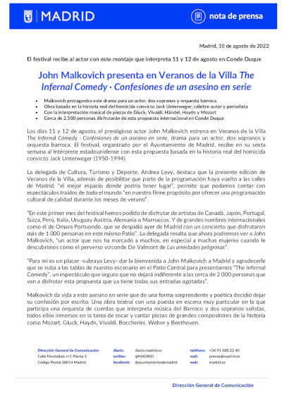 John Malkovich presenta en Veranos de la Villa «The Infernal Comedy · Confesiones de un asesino en serie» John Malkovich presenta en Veranos de la Villa «The Infernal Comedy · Confesiones de un asesino en serie»