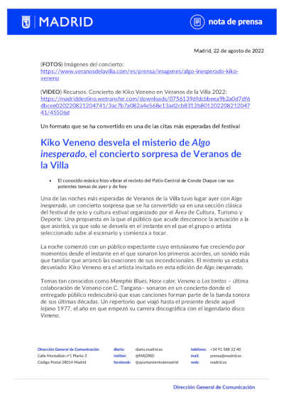 Kiko Veneno desvela el misterio de Algo inesperado, el concierto sorpresa de Veranos de la Villa