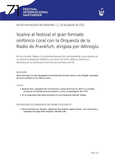 Vuelve al festival el gran formato sinfónico coral con la Orquesta de la Radio de Frankfurt, dirigida por Altinoglu Vuelve al festival el gran formato sinfónico coral con la Orquesta de la Radio de Frankfurt, dirigida por Altinoglu