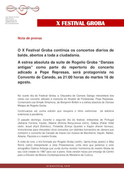 El X Festival Groba continúa los conciertos diarios gratuitos, abiertos a toda la ciudadanía