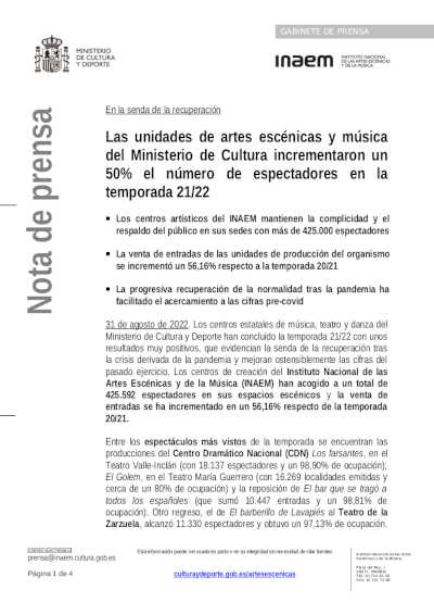 Unidades de artes escénicas y música del Ministerio de Cultura incrementaron un 50% el número de espectadores