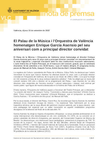 El Palau de la Música y la Orquesta de València homenajean a Enrique García Asensio por su aniversario