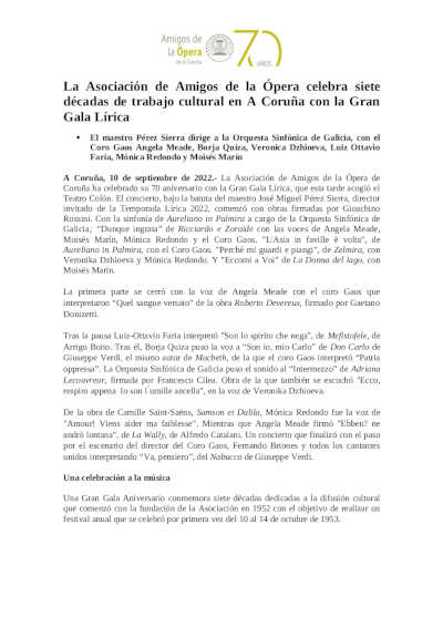 La Asociación de Amigos de la Ópera celebra siete décadas de trabajo cultural en A Coruña con la Gran Gala Lírica
