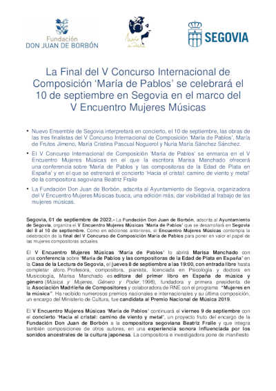 La Final del V Concurso Internacional de Composición «María de Pablos» se celebrará el 10 de septiembre en Segovia