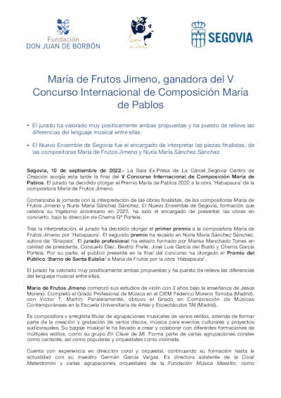 María de Frutos Jimeno, ganadora del V Concurso Internacional de Composición María de Pablos María de Frutos Jimeno, ganadora del V Concurso Internacional de Composición María de Pablos