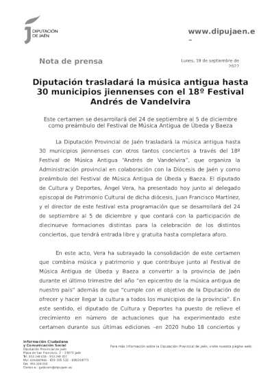Diputación trasladará la música antigua hasta 30 municipios jiennenses con el 18º Festival Andrés de Vandelvira