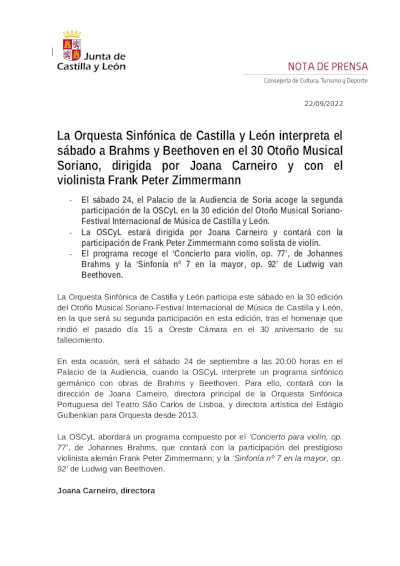 La Orquesta Sinfónica de Castilla y León en el 30 Otoño Musical Soriano, dirigida por Joana Carneiro