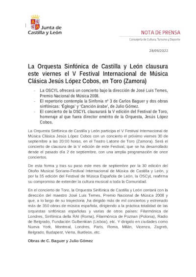 La Orquesta Sinfónica de Castilla y León clausura el V Festival Internacional de Música Clásica Jesús López Cobos