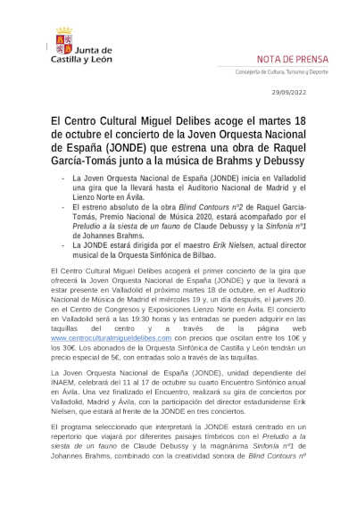 El Centro Cultural Miguel Delibes acoge el martes 18 de octubre el concierto de la Joven Orquesta Nacional de España (JONDE) El Centro Cultural Miguel Delibes acoge el martes 18 de octubre el concierto de la Joven Orquesta Nacional de España (JONDE)