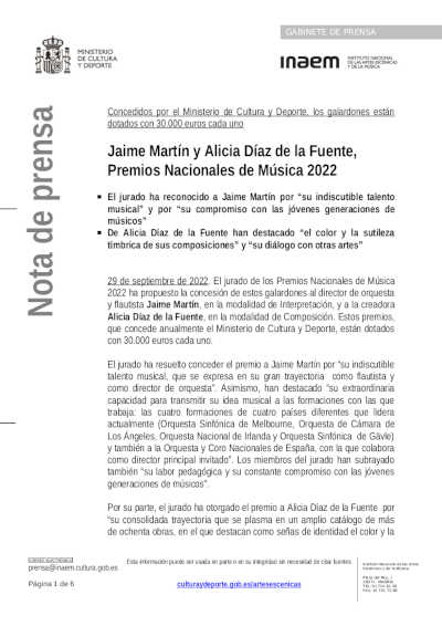 Jaime Martín y Alicia Díaz de la Fuente, Premios Nacionales de Música 2022