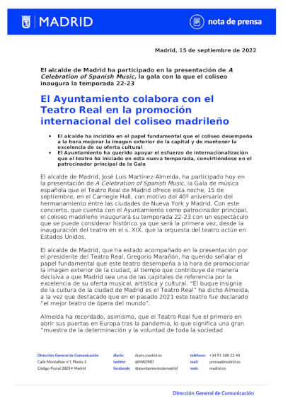El Ayuntamiento colabora con el Teatro Real en la promoción internacional del coliseo madrileño