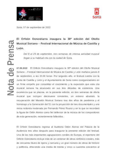 El Orfeón Donostiarra celebra su 125 aniversario en la inauguración de la 30ª edición del Otoño Musical Soriano