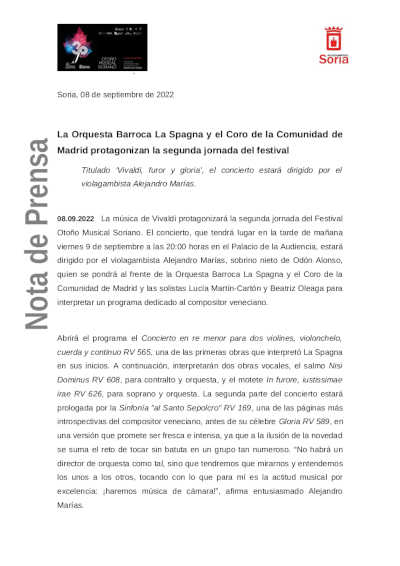 La Orquesta Barroca La Spagna y el Coro de la Comunidad de Madrid protagonizan la segunda jornada del festival