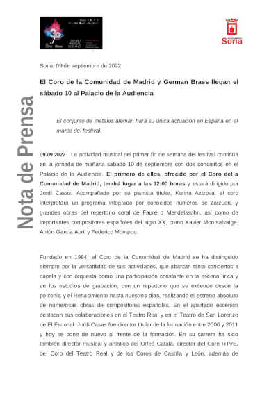 El Coro de la Comunidad de Madrid y German Brass llegan al Otoño Musical Soriano