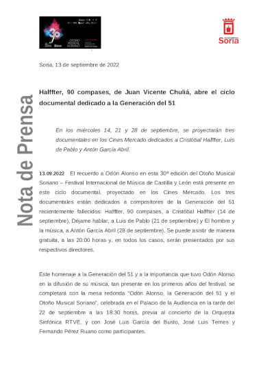 Ciclo documental dedicado a la Generación del 51 en el Otoño Musical Soriano – Cristóbal Halffter