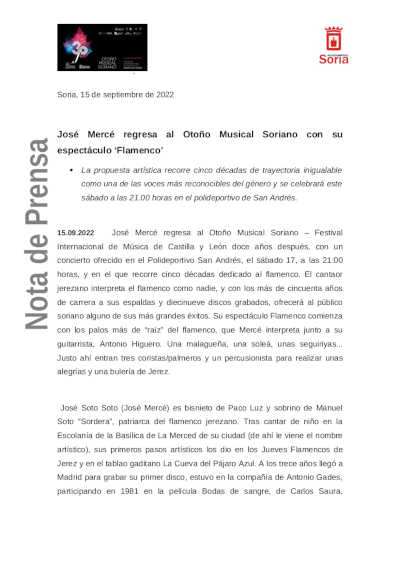 José Mercé regresa al Otoño Musical Soriano con su espectáculo «Flamenco» el Festival Otoño Musical Soriano