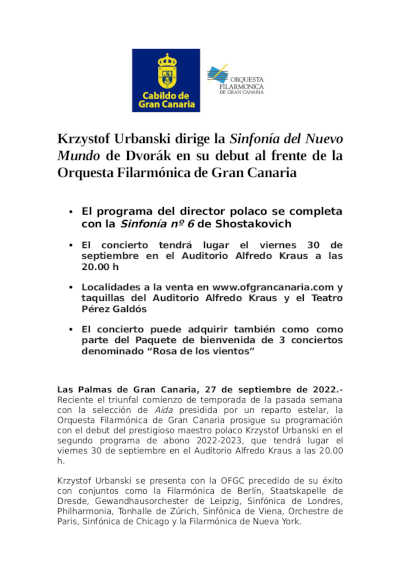 Krzystof Urbanski dirige la Sinfonía del Nuevo Mundo de Dvorák en su debut al frente de la OFGC