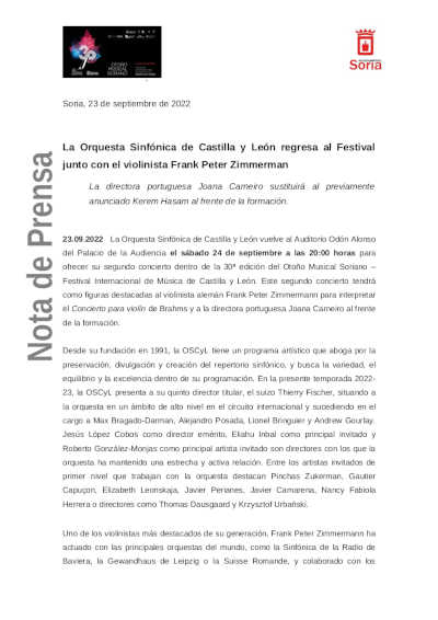 La Orquesta Sinfónica de Castilla y León regresa al Festival Otoño Musical Soriano